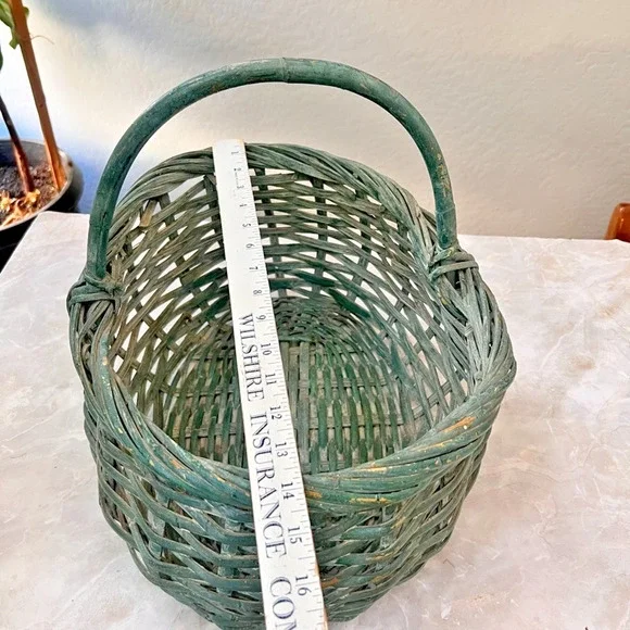 Antique Medium Woven-splint Basket Single Handle Distressed Blue Green Decor